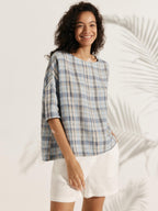 100% Linen Gingham Checked Boatneck 3/4 Length Sleeve Top AURORA