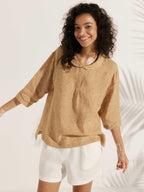 100% Linen Shawl V-Neck Half Sleeve Top JADE