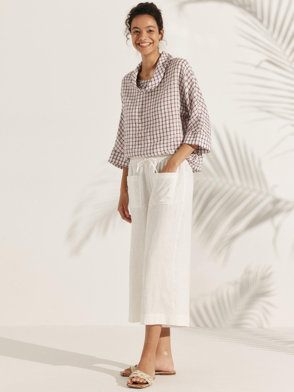 100% Linen Dropped Collar Long-Sleeve Top TRISTAN