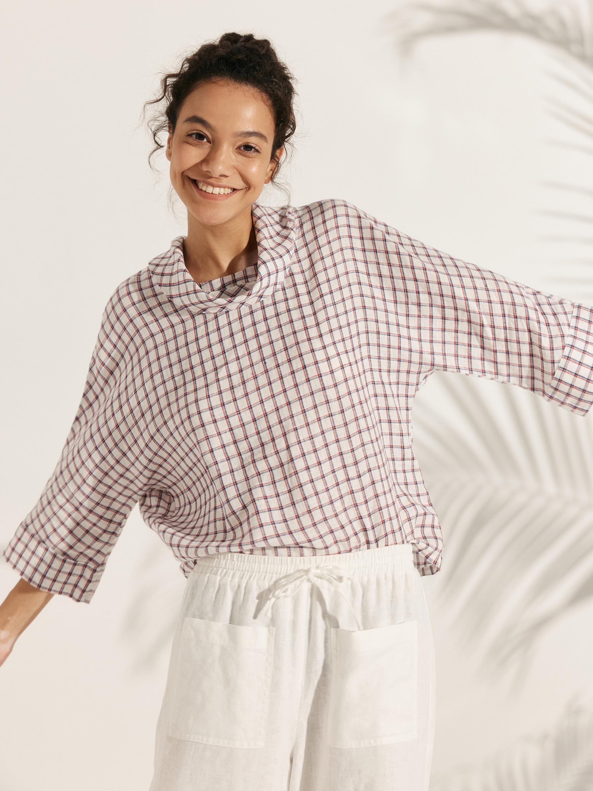 100% Linen Dropped Collar Long-Sleeve Top TRISTAN