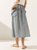 Linen Checked Elastic Waist Skirt MARINA
