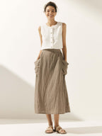Linen Checked Elastic Waist Skirt MARINA