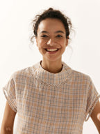 100% Linen Gingham Checked Cutout Turtleneck Top CAROL