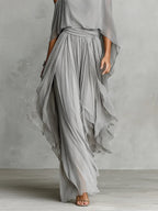 Isabella | Grey Flowing Top & Chiffon Trousers Set • S1