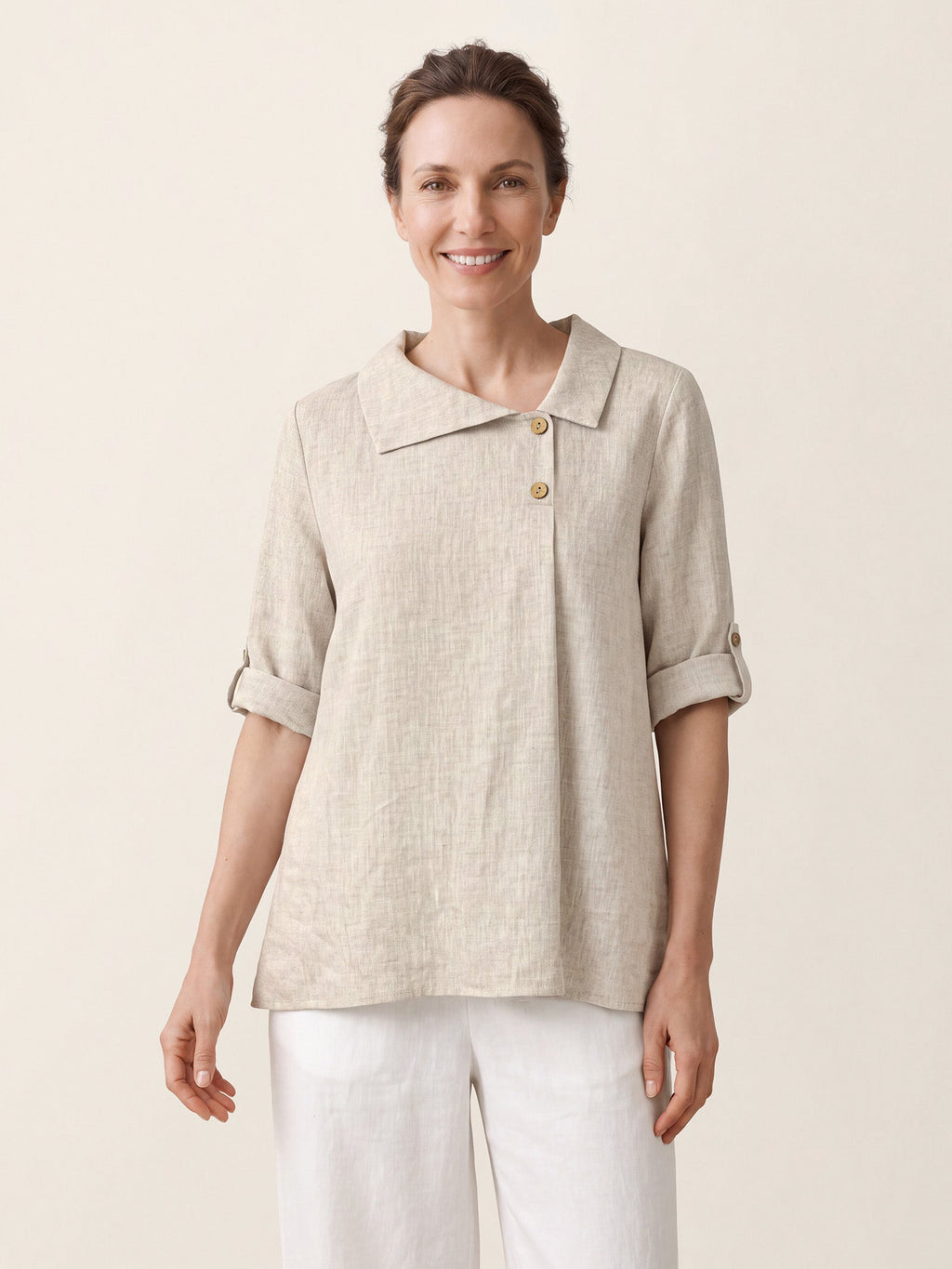 100% Linen Asymmetric Button Placket Shirt CLARISSA
