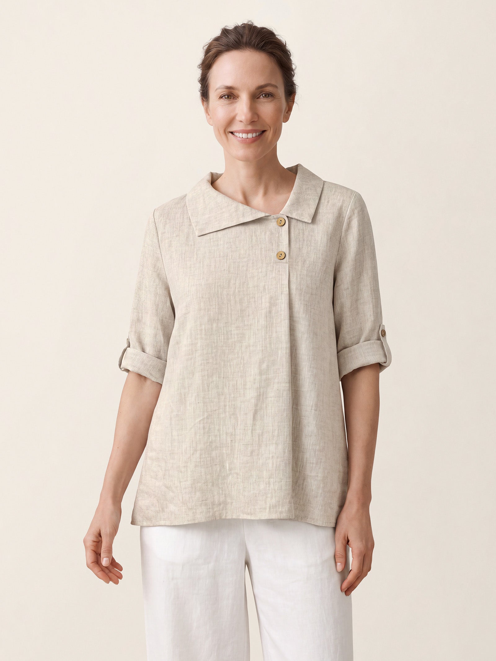 100% Linen Asymmetric Button Placket Shirt CLARISSA