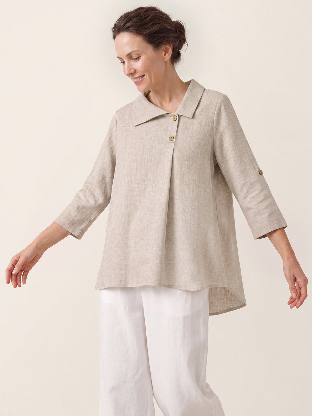 100% Linen Asymmetric Button Placket Shirt CLARISSA