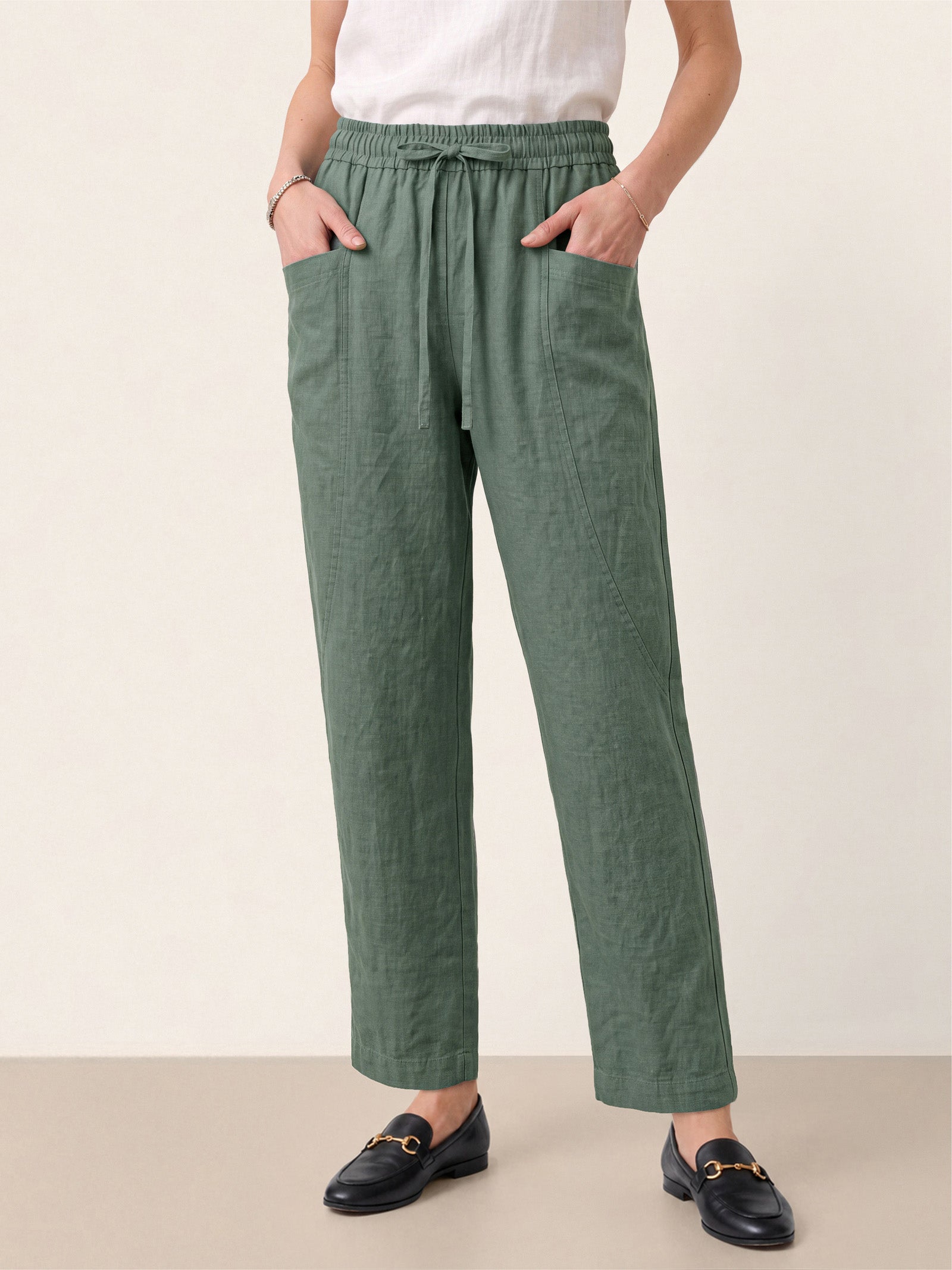 100% Linen Drawstring Utility Ankle Pants AMELINE