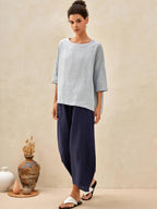 100% Linen Gingham Checked Boatneck 3/4 Length Sleeve Top AURORA