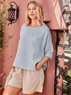 100% Linen Gingham Checked Boatneck 3/4 Length Sleeve Top AURORA