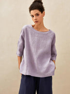 100% Linen Gingham Checked Boatneck 3/4 Length Sleeve Top AURORA