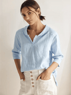 100% Linen Shawl V-Neck Half Sleeve Top JADE