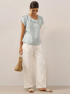 100% Linen Crescent Collar Flutter Sleeve Top FARA