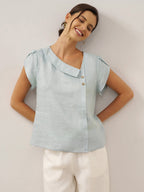 100% Linen Crescent Collar Flutter Sleeve Top FARA