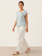 100% Linen Crescent Collar Flutter Sleeve Top FARA