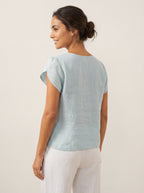 100% Linen Crescent Collar Flutter Sleeve Top FARA