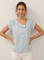 100% Linen Crescent Collar Flutter Sleeve Top FARA
