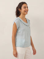 100% Linen Crescent Collar Flutter Sleeve Top FARA