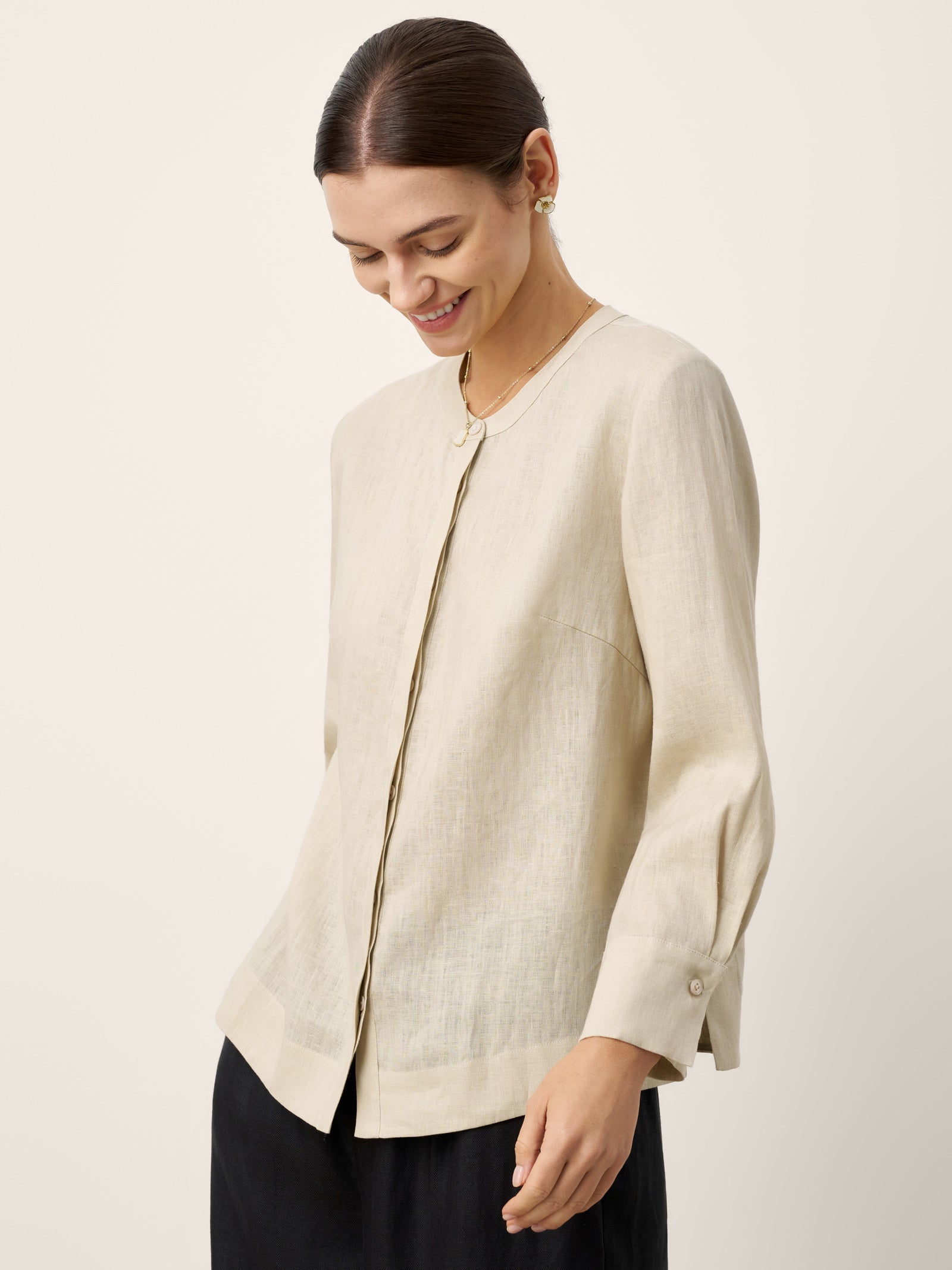 100% Linen Hidden Button Crew Neck Shirt INES