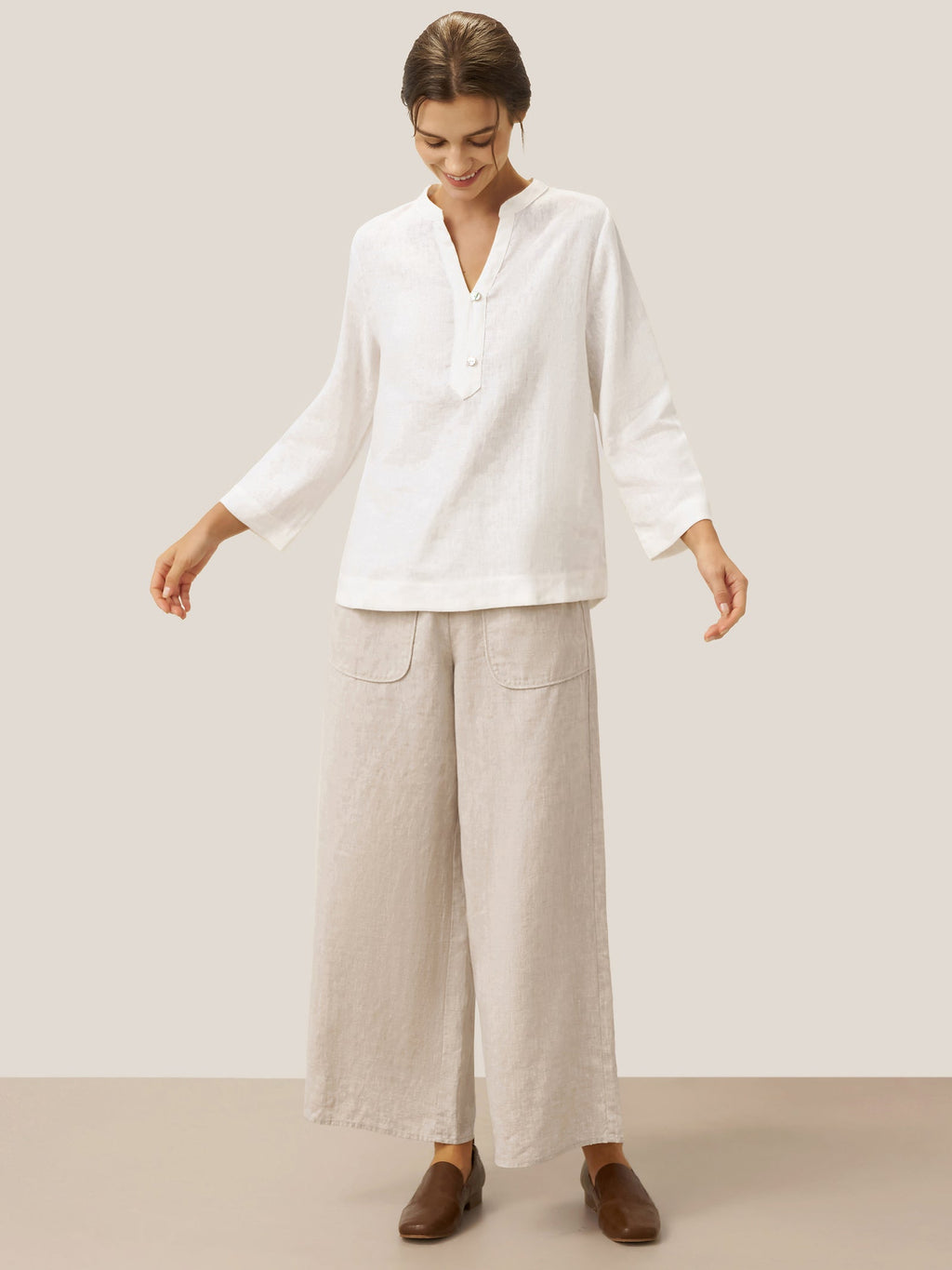 100% Linen Deep V-Neck Pullover with Button-Trim JOLYNE