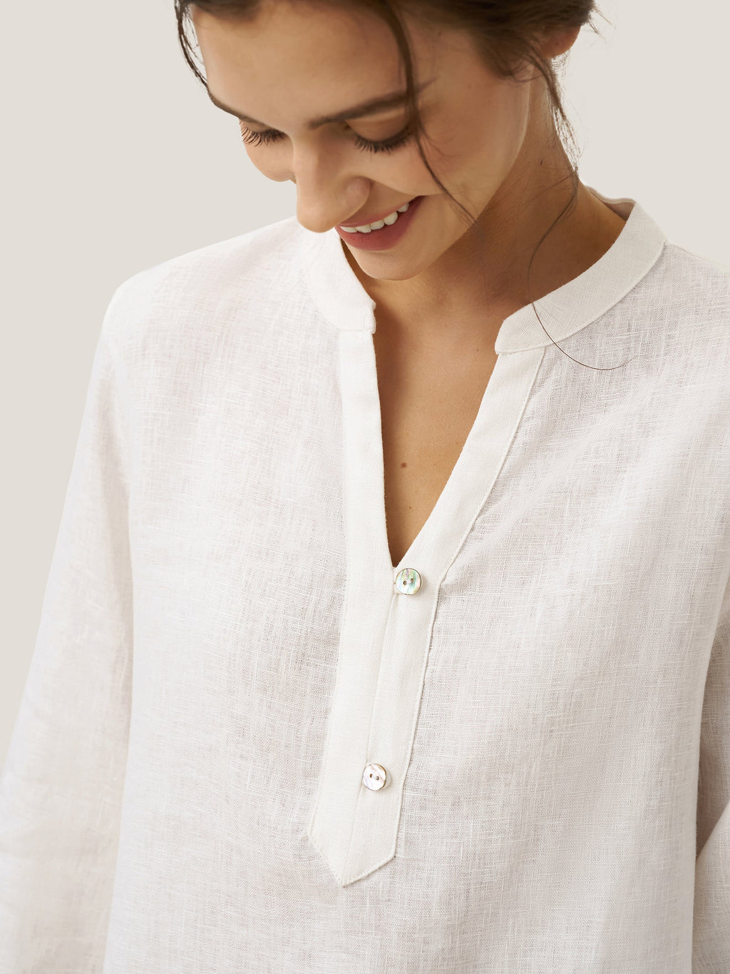 100% Linen Deep V-Neck Pullover with Button-Trim JOLYNE
