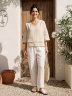 100% Linen Drop Shoulder Asymmetric Layered Hem Overtop VIOLA