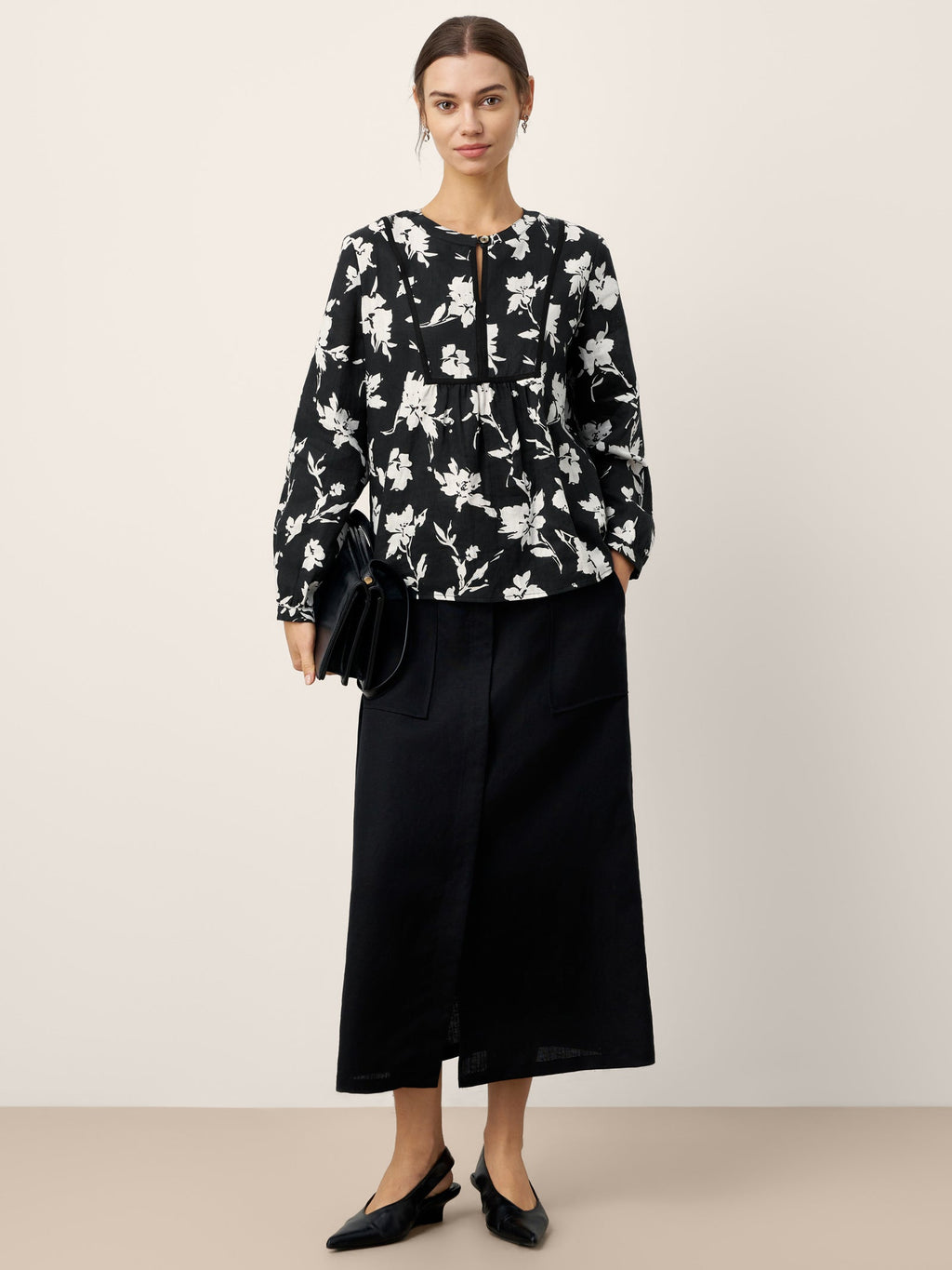 100% Linen Floral Printed Gathered Pullover Top AMIYA