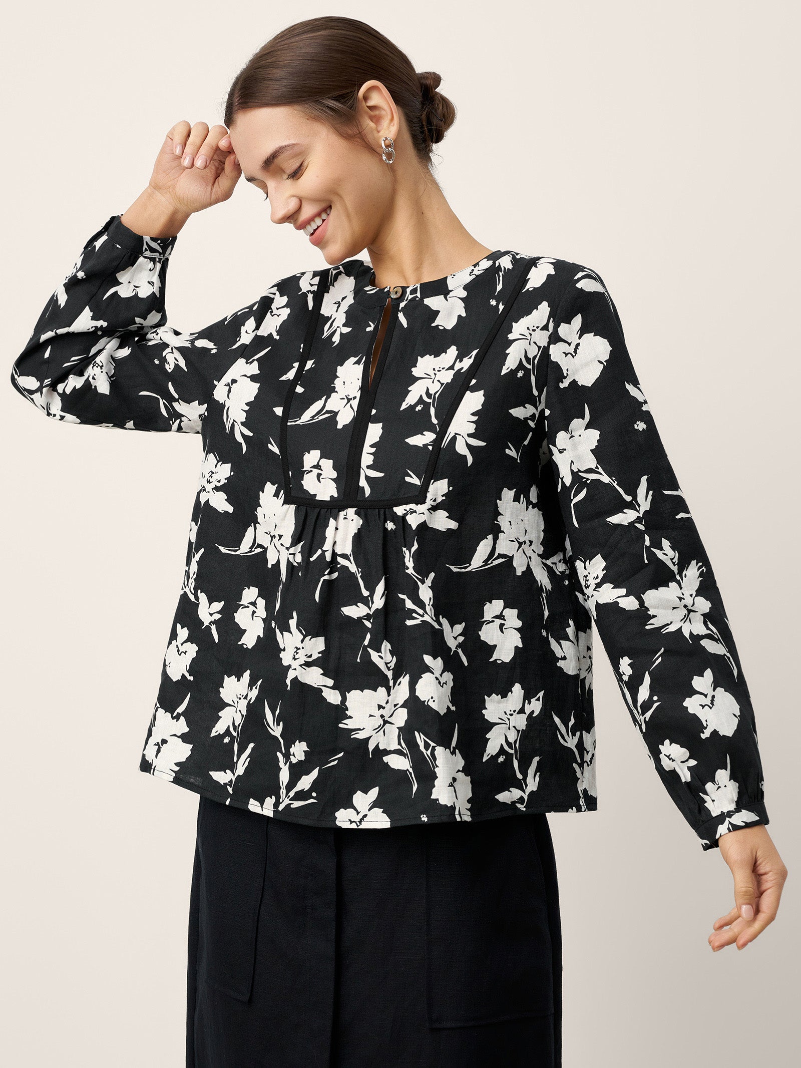 100% Linen Floral Printed Gathered Pullover Top AMIYA