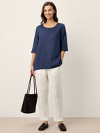 100% Linen Relaxed Back Button Top with Tab Sleeves SYLVANA