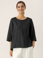 100% Linen Round Neck Asymmetrical Hem Top BRIANNA