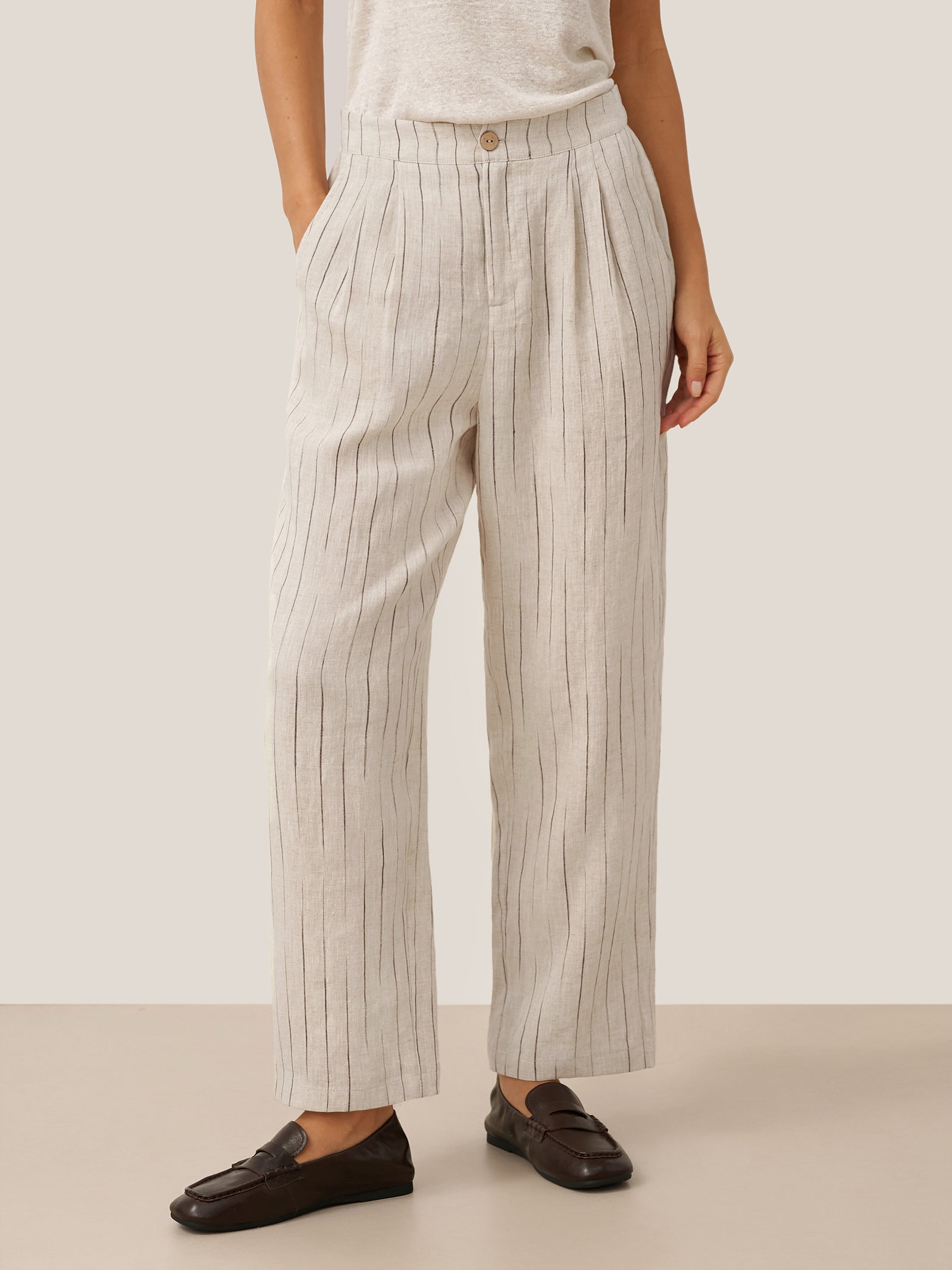 100% Linen Sketch Stripe Straight-Leg Pants ELOISE