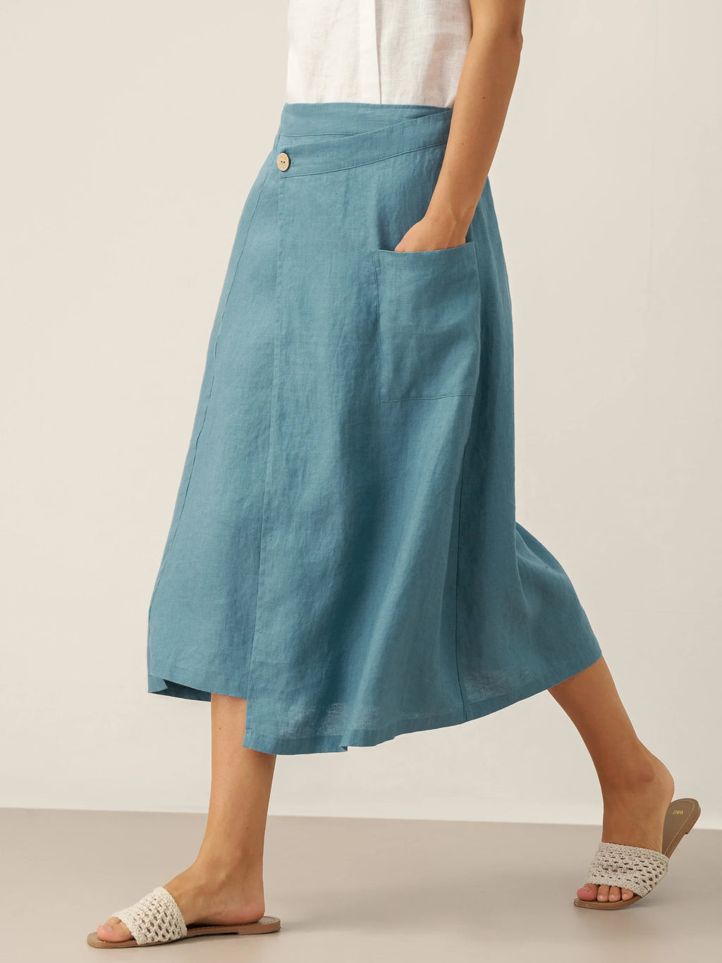 100% Linen Elastic Waist Angled Wrap Skirt FRESSA