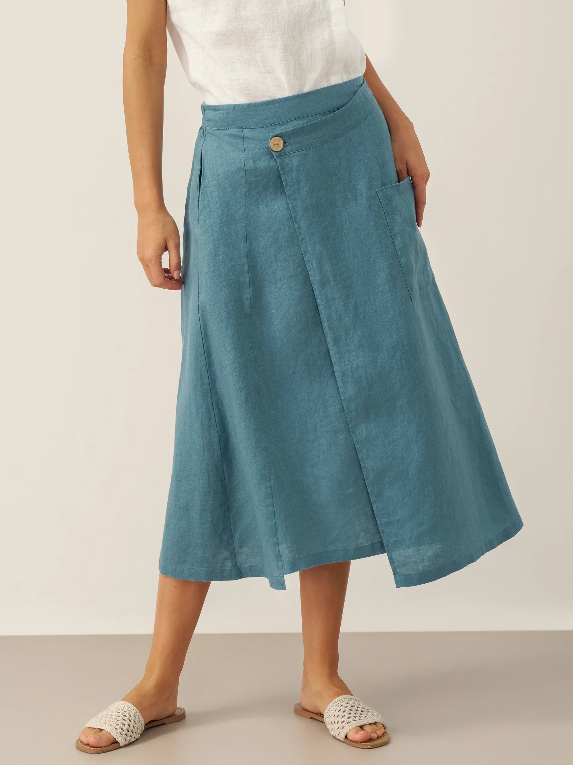 100% Linen Elastic Waist Angled Wrap Skirt FRESSA