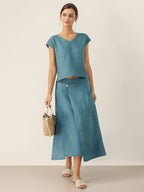 100% Linen Elastic Waist Angled Wrap Skirt FRESSA
