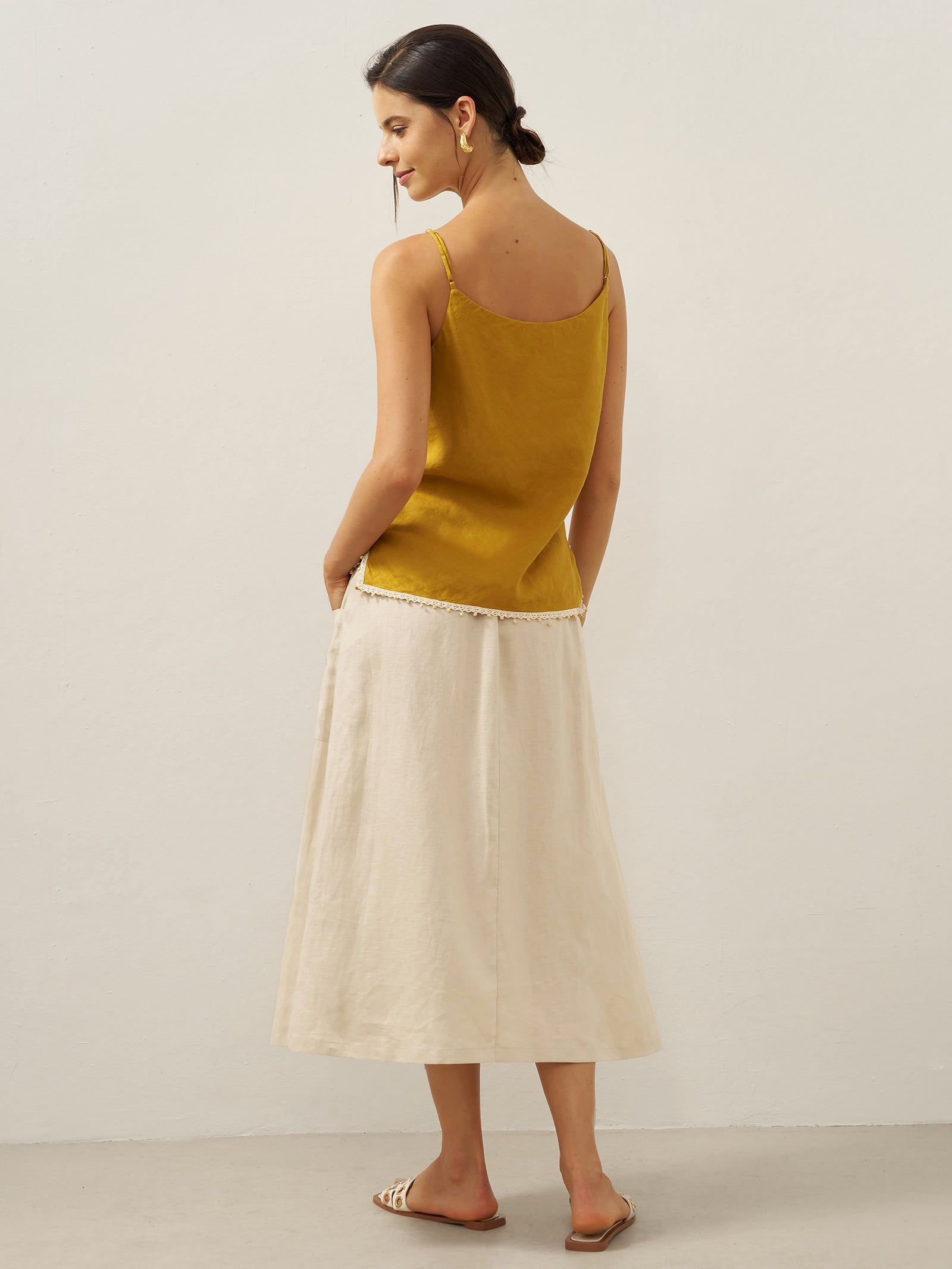 100% Linen Elastic Waist Angled Wrap Skirt FRESSA