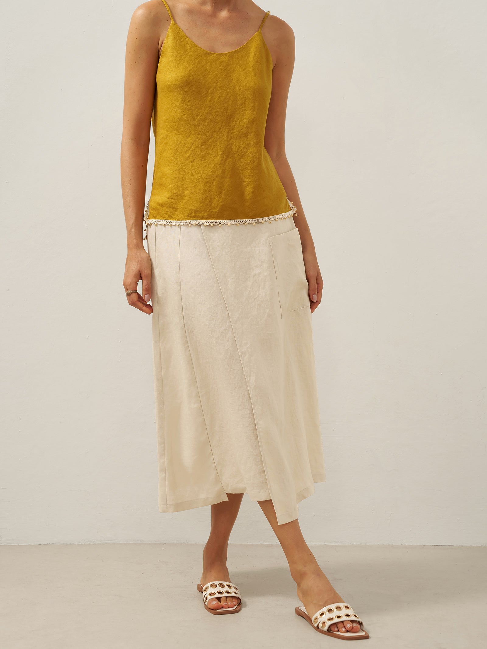 100% Linen Elastic Waist Angled Wrap Skirt FRESSA