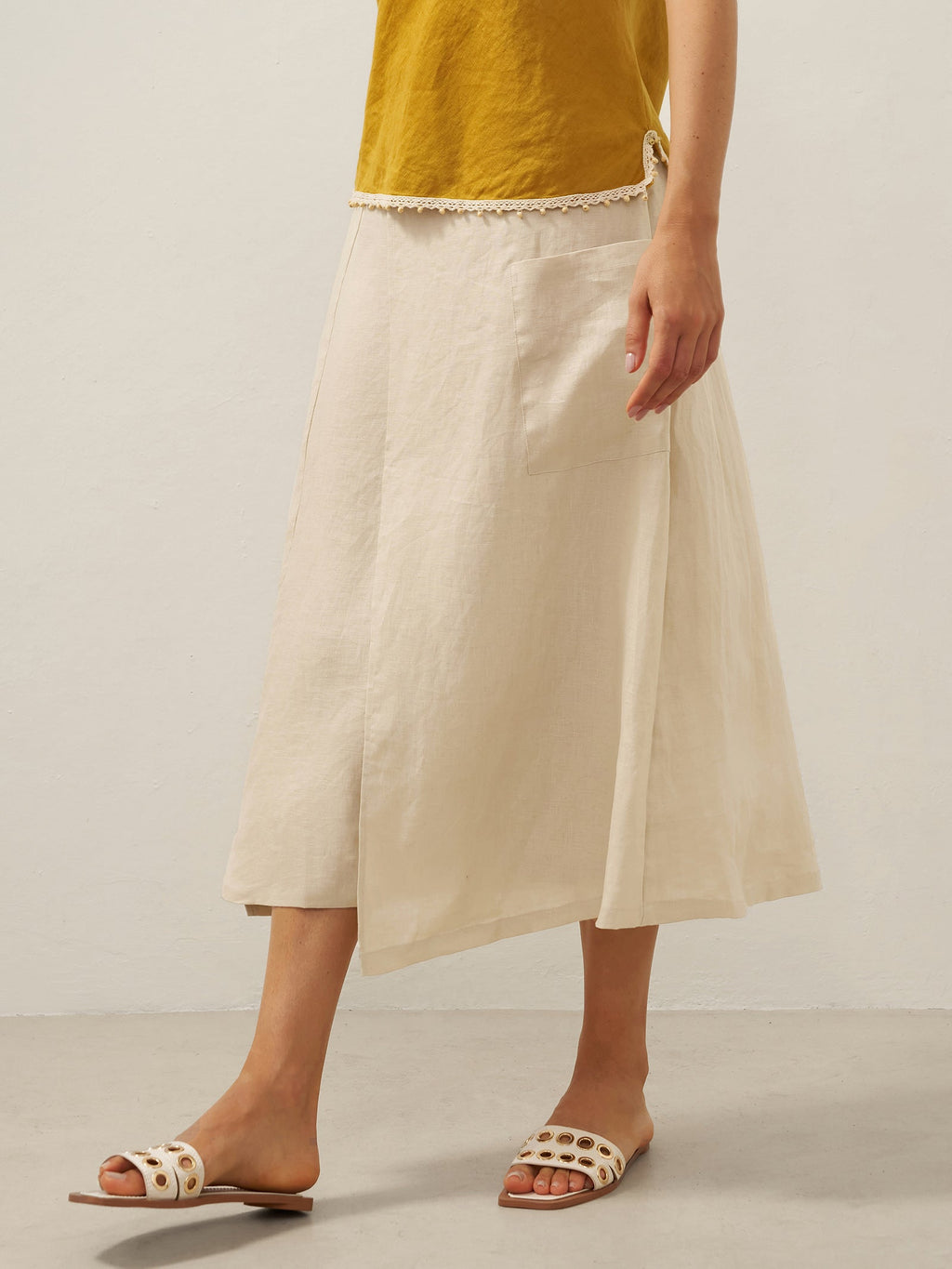 100% Linen Elastic Waist Angled Wrap Skirt FRESSA