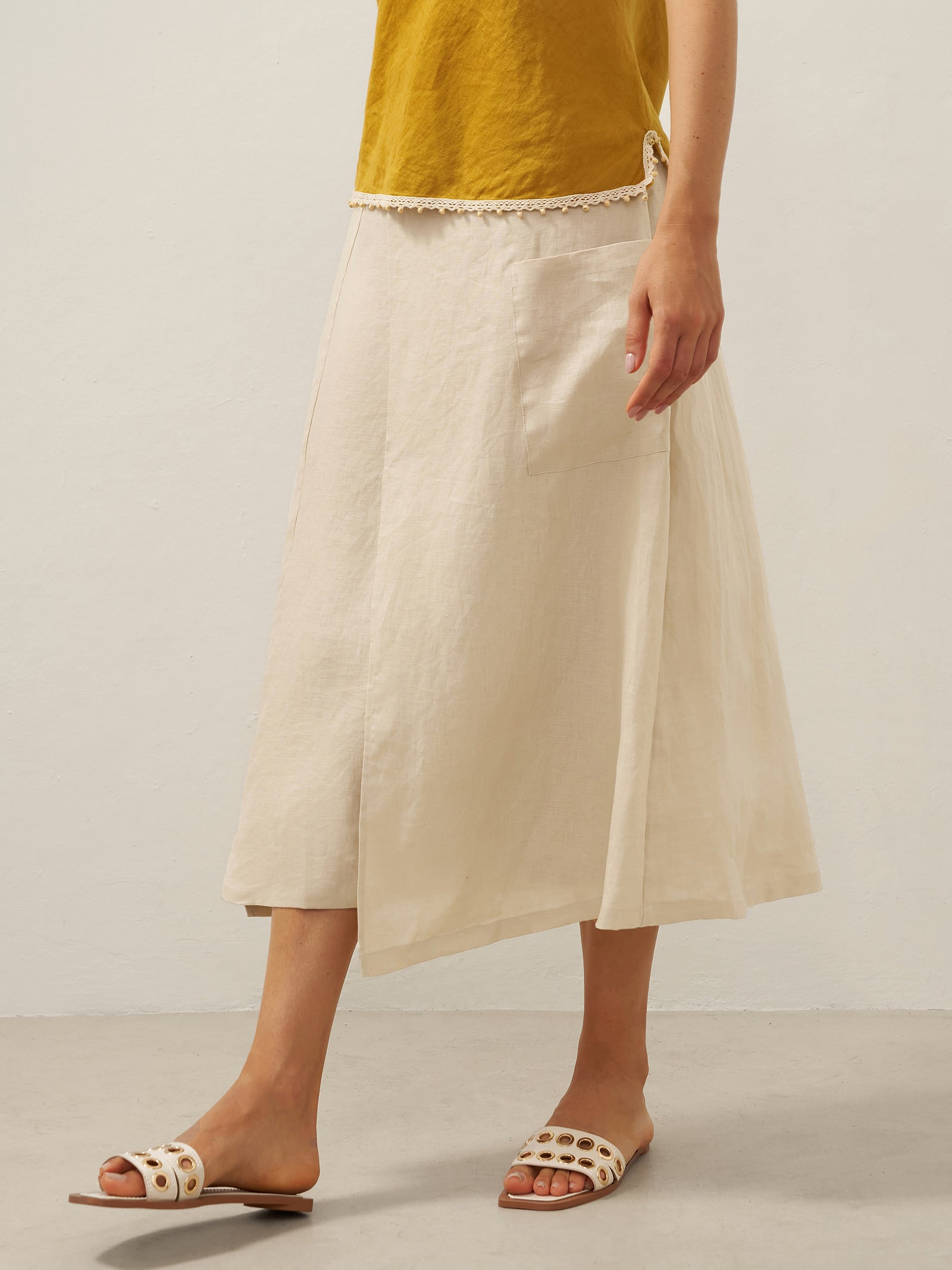 100% Linen Elastic Waist Angled Wrap Skirt FRESSA