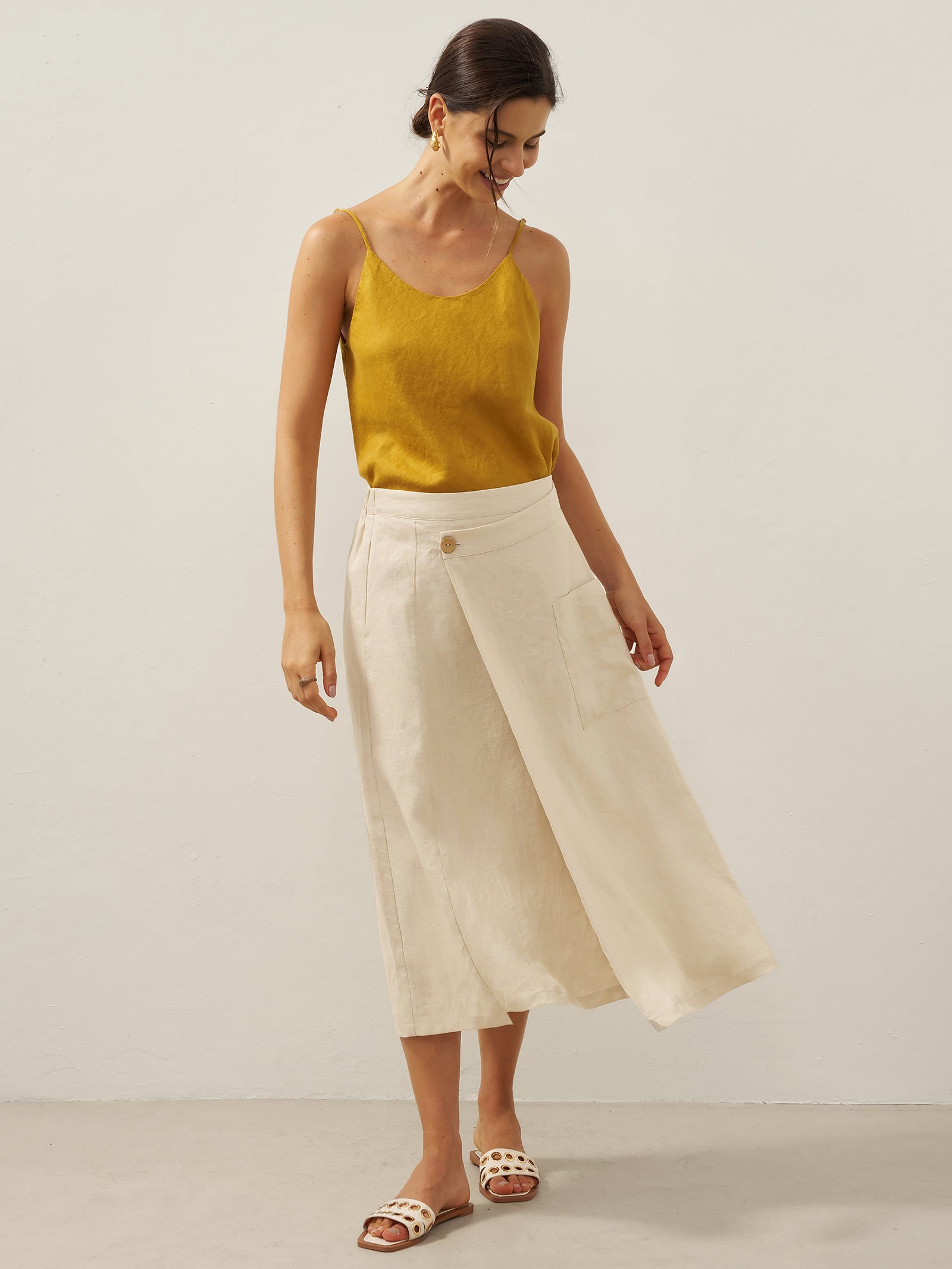 100% Linen Elastic Waist Angled Wrap Skirt FRESSA