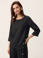 100% Linen Asymmetric-Hem Button-Trim Top NYLA