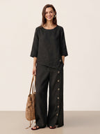 100% Linen Asymmetric-Hem Button-Trim Top NYLA