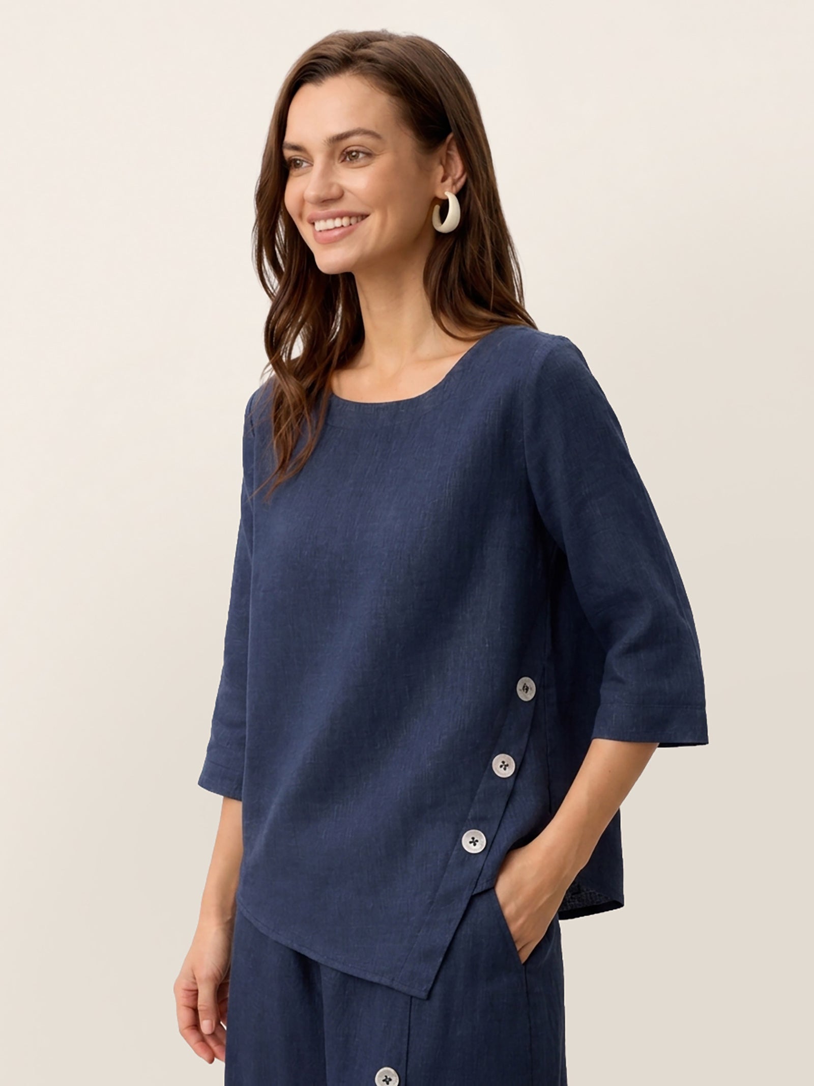100% Linen Asymmetric-Hem Button-Trim Top NYLA