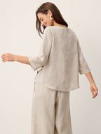 100% Linen Asymmetric-Hem Button-Trim Top NYLA