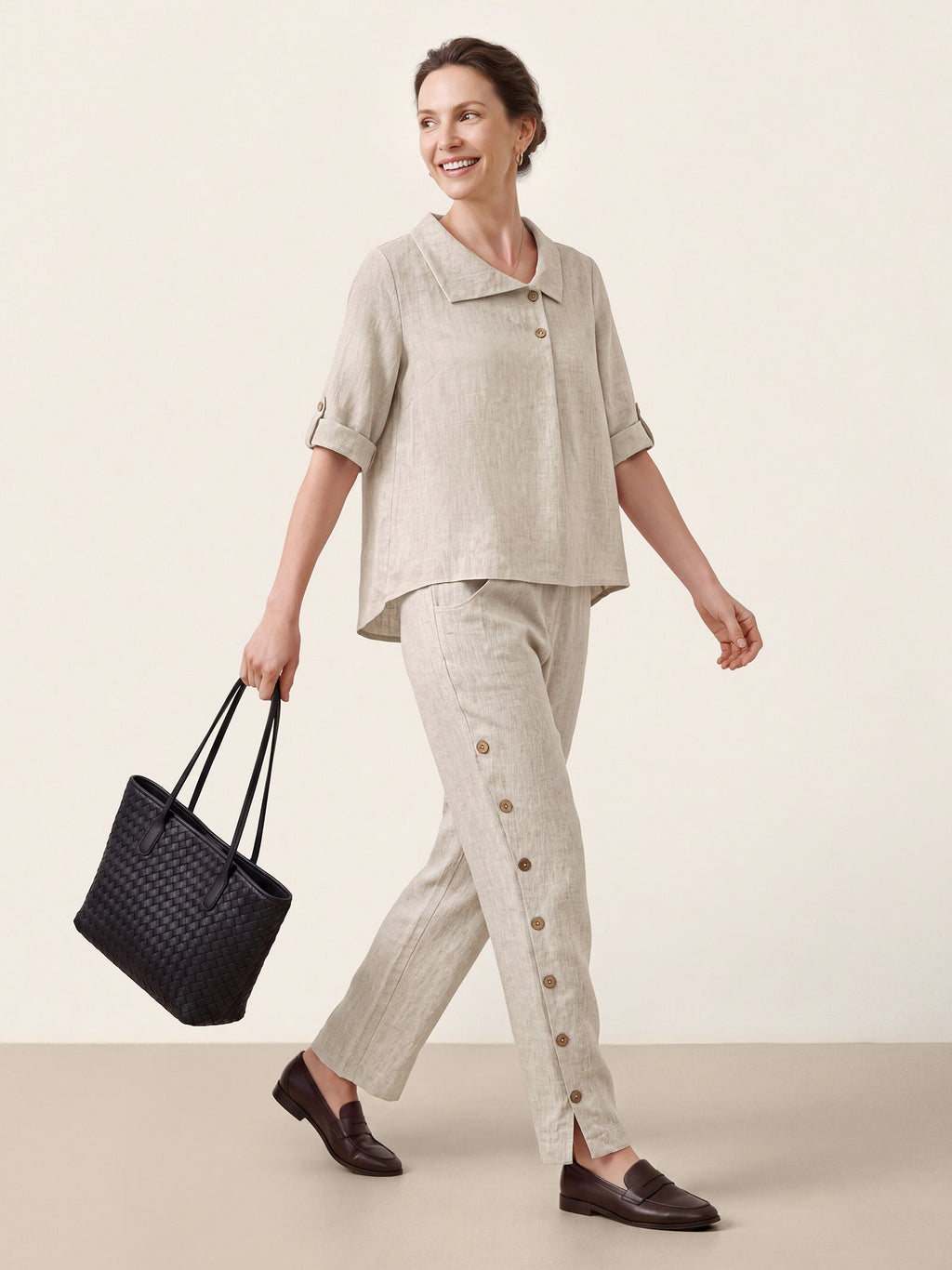 100% Linen Asymmetric Button Placket Shirt CLARISSA