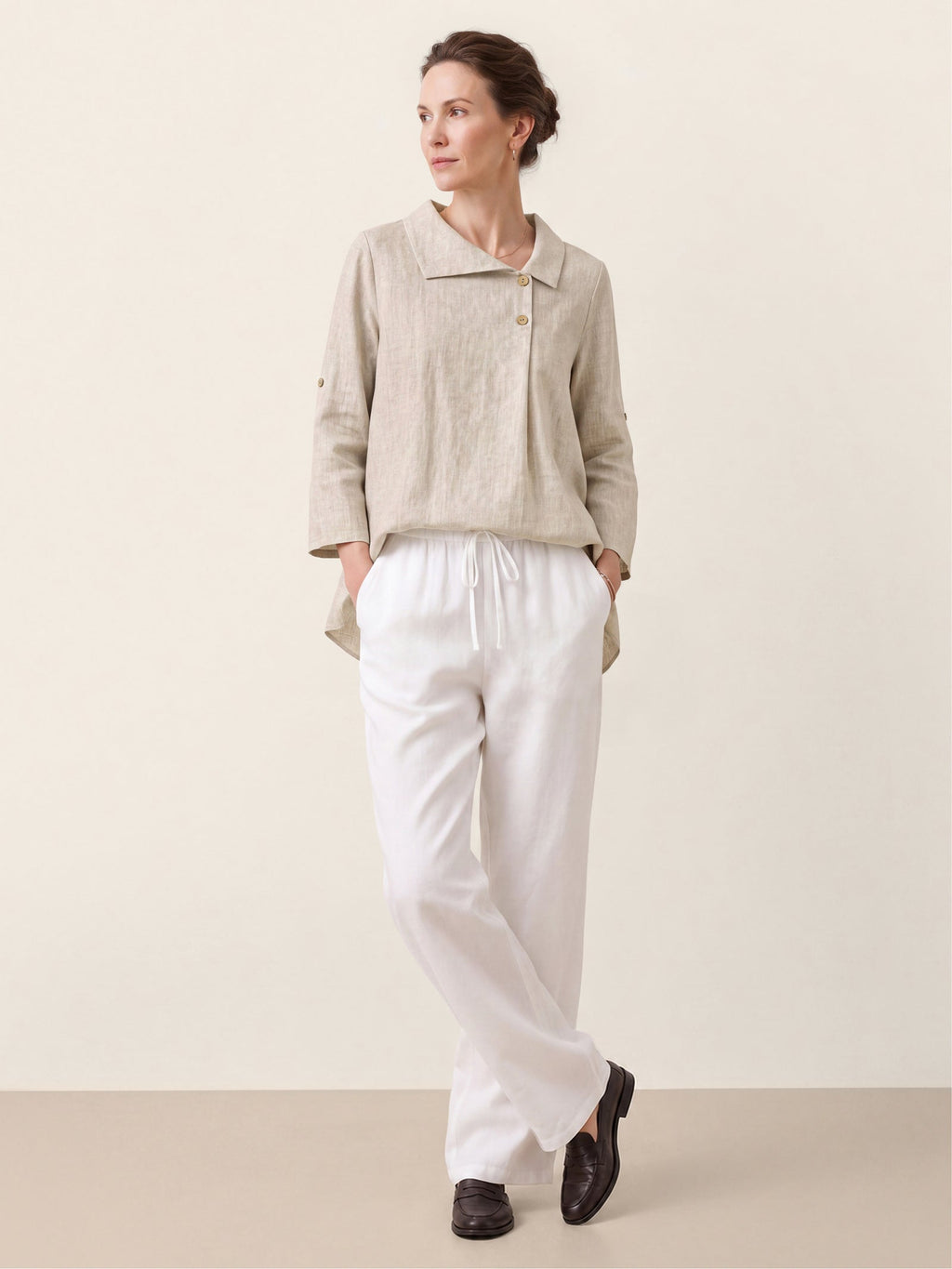 100% Linen Asymmetric Button Placket Shirt CLARISSA
