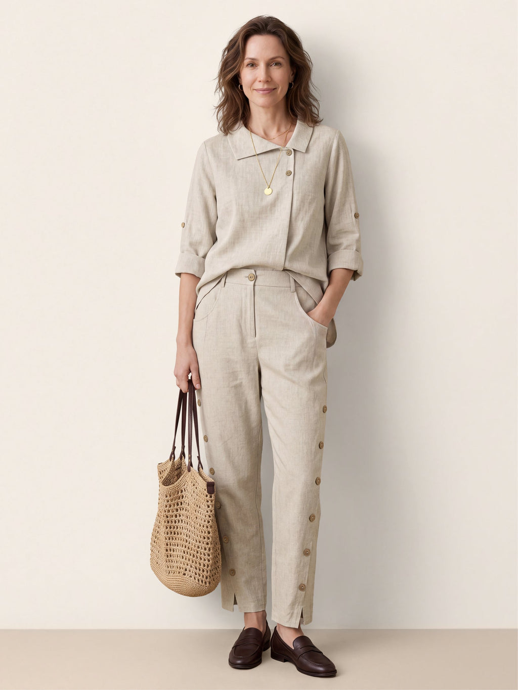 100% Linen Asymmetric Button Placket Shirt CLARISSA