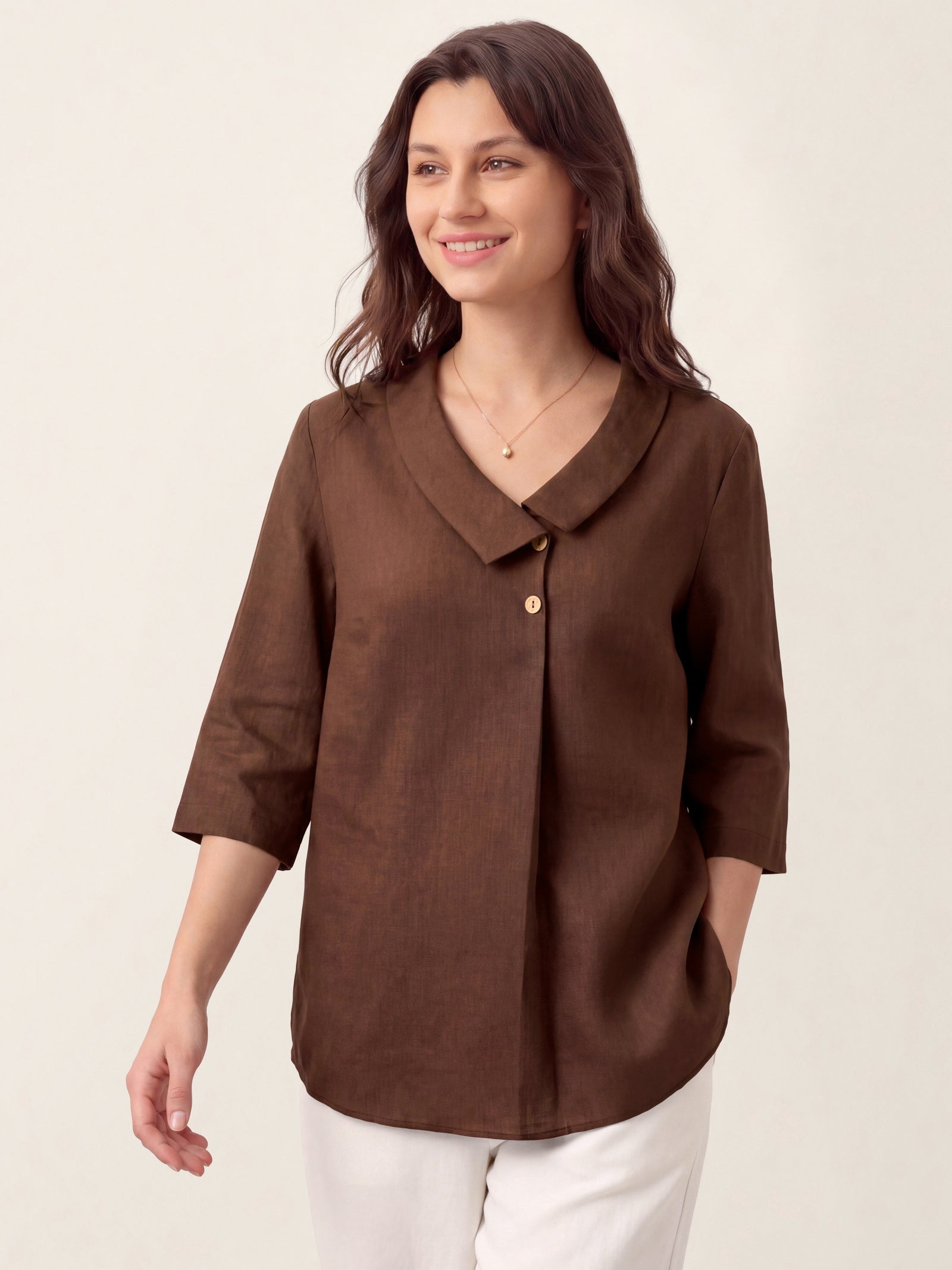 100% Linen Asymmetric Collar Inverted Pleat Top OTTILIE