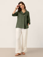 100% Linen Asymmetric Collar Inverted Pleat Top OTTILIE