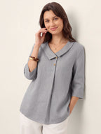 100% Linen Asymmetric Collar Inverted Pleat Top OTTILIE