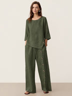 100% Linen Asymmetric-Hem Button-Trim Top NYLA